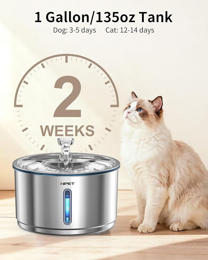 NPET Stainless Steel Cat Water Fountain, 1Gallon/135oz Automatic Pet Drinking Fountain Dog Water Dispenser Bowl with Water Level Window for Cats Indoor - WF210Plus