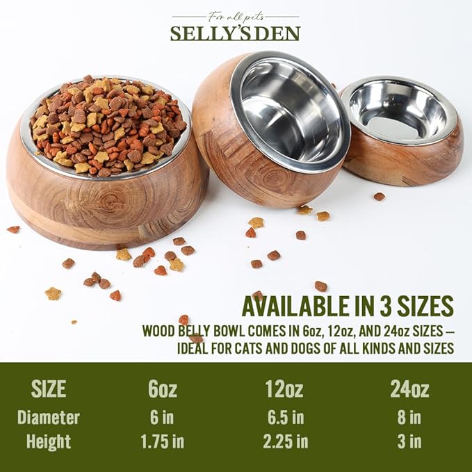 Selly’s Den Wood Belly Pet Bowl - Low Profile Elevated Wood Base with Stainless Steel Insert, For Dogs, Cats, Non Slip and Spill Resistant Base (24 Oz)