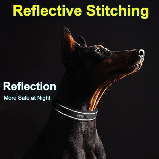 Fida Heavy Duty Dog Collar, Ultra Comfortable Soft Neoprene Padded, Adjustable Reflective Nylon Pet Collar with Durable Metal Belt Buckle for Small Breeds (S, Black)