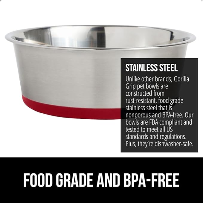 GORILLA GRIP Dog Bowls, Holds 4 Cups Each (32 fl oz), Heavy Duty Stainless Steel Food and Water Bowl for Feeding Dogs and Cats, Dishwasher Safe, Rust Resistant, BPA Free Rubber Base, Set of 2 Red