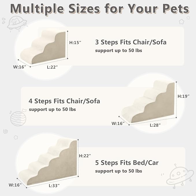 MIHIKK Dog Stairs Ramp, Curved 4-Step Dog Steps for Small Dogs and Cats, Pet Stairs for High Beds and Couch with Anti-Slip Washable Cover and Durable High Density Foam, Beige