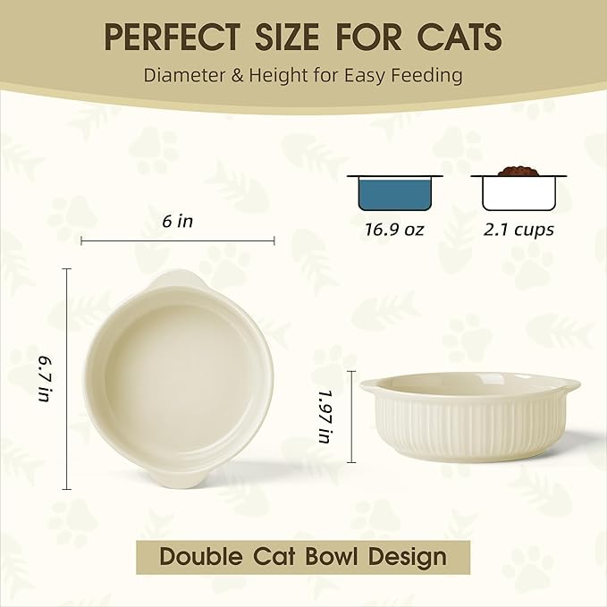 Cat Food Bowl with Handle, 6 inch Ceramic Cat Food and Water Feeder Set, Modern Vertical Texture Design, Kitten Bowls for Indoor Cats and Small Dogs, Microwave Dishwasher Safe, Beige- 2 Pack