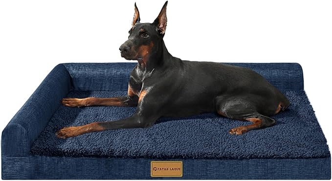 Patas Lague Orthopedic XL Dog Bed Large Sized Dog 42''X28'', Waterproof L Bolster Big Large Pet Sofa Beds with Removable Washable Cover, Soft Comfortable Pet Couch Crate Mat with Nonskid Bottom, Navy