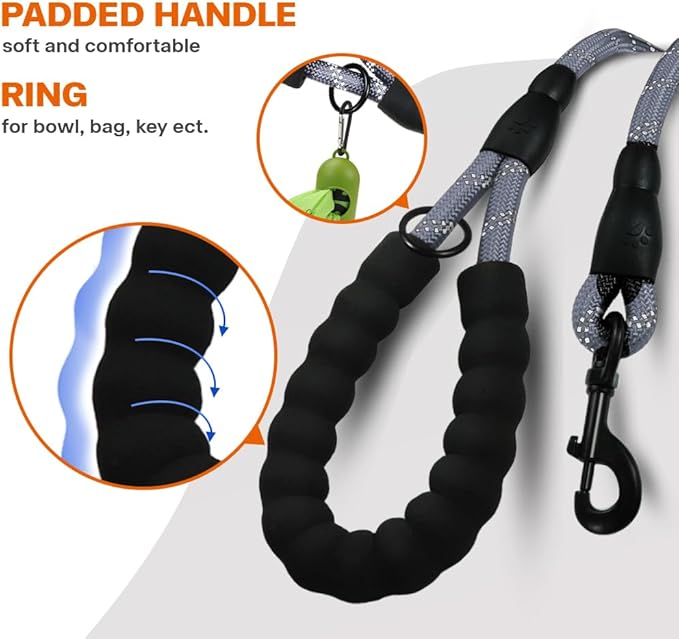 Taglory Rope Dog Leash 5 FT with Comfortable Padded Handle, Highly Reflective Threads Leash for Medium Large Dogs, 1/2 inch, Grey