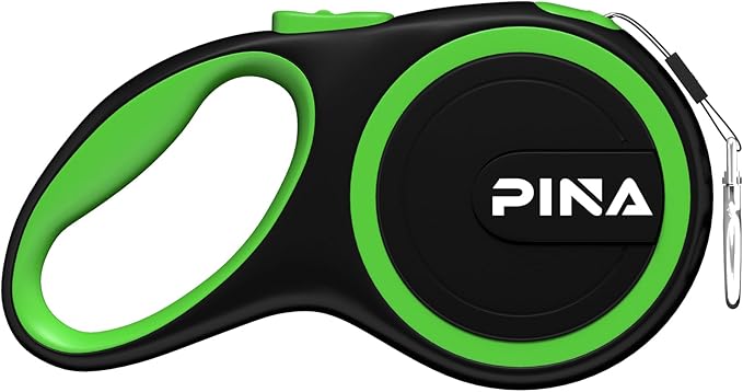 PINA Retractable Dog Leash, 10ft Dog Leash for Small Dogs Up to 33lbs, 360° Tangle-Free Strong Reflective Nylon Tape, with Anti-Slip Handle, One-Handed Brake, Lock - Black Green