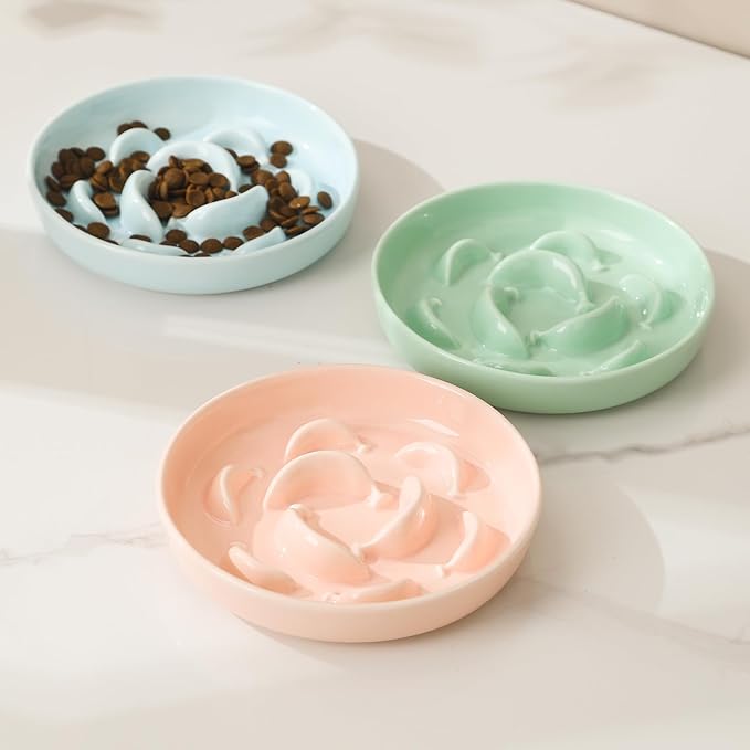 Ceramic Cat Slow Feeder Bowl - Pastel Series Cat Plate for Dry and Wet Food - Cute Maze Feeder Dish for Healthy Eating - Dishwasher Safe - 6.3''W x 1.2''H - 7 OZ - Light Pink