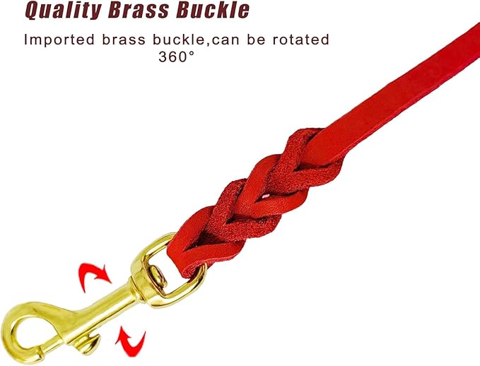 LWBMG Leather Dog Leash - 6ft x 1/2 inch Heavy Duty, Braided, Comfortable Leash for Large, Medium & Small Dogs - Red