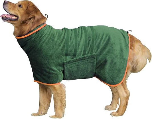 Dog Drying Coat - Fast Drying Dog Towel Robe - Microfiber Super Absorbent Pet Bathrobe, Adjustable Collar & Belly Strap Pet Coat Pet Bath Robe Towel (Large, Green)