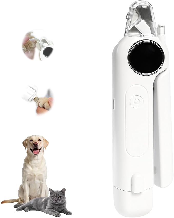 2-in-1 Dog Nail Clippers with Light & Digital Display – Upgraded Pet Nail Grinder, Safety Guard, USB Rechargeable Catcher for Cats and Dogs, Low Noise & Painless Trimming (White)