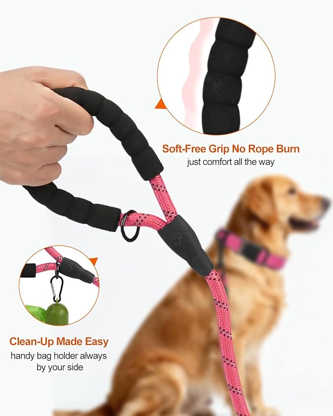 Joytale Dog Leash for Large Dogs, Heavy Duty Nylon Leashes with Comfortable Padded Handle and Highly Reflective Threads, Ideal for Walking and Training, Pink, 6'횞1/2''