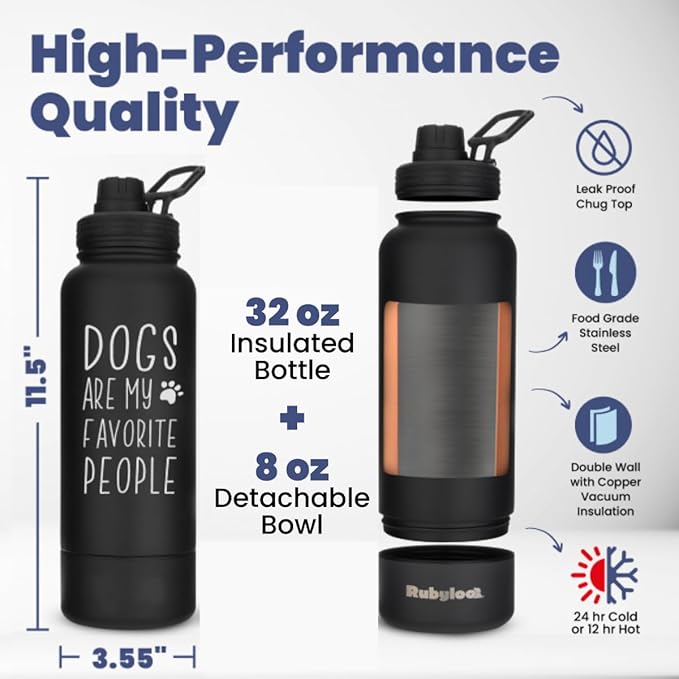 Dog Water Bottle for Dog Lovers - 32 oz Stainless Steel Double Wall Insulated Water Bottle with 8 oz Detachable Bowl on Bottom- Doggy Lover Gift for Hiking, Walks, Travel - “Favorite People” Black