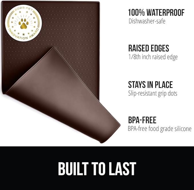 GORILLA GRIP 100% Waterproof Raised Edge BPA Free Silicone Pet Feeding Mat, Dog Cat Food Mats Contain Spills Protects Floors, Placemats for Cats and Dogs Water Bowl, Pets Accessories 16x10, Brown