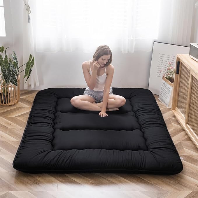 MAXYOYO Japanese Floor Mattress Futon Mattress, 4" Thicken Tatami Mat Sleeping Pad Foldable Roll Up Mat Boys Girls Dormitory Pad Kids Floor Lounger Pillow Bed, Black, Twin Size