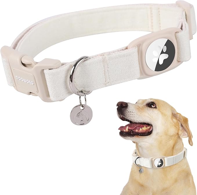 DOGWONG Airtag Cotton Hemp Dog Collar, Heavy-Duty Dog Collar with Airtag Holder White Natural Fabric Pet Cute Puppy Necklace for Small Medium Large Dogs