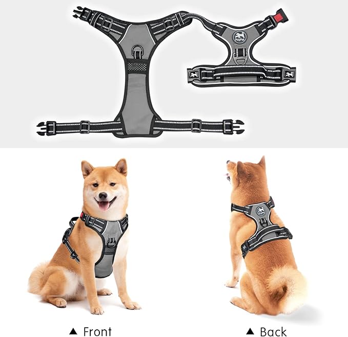 PoyPet No Pull Dog Harness, No Choke Front Clip Dog Reflective Harness, Adjustable Soft Padded Pet Vest with Easy Control Handle for Small to Large Dogs(Grey,L)