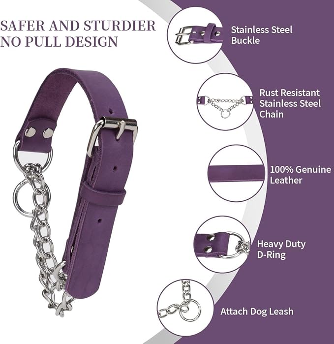 Martingale Collar for Dogs No-Pull Adjustable Training Collar with Stainless Steel Chain - Genuine Leather Anti-Slip Design for Small,Medium,Large Breed Dogs - Purple (S)