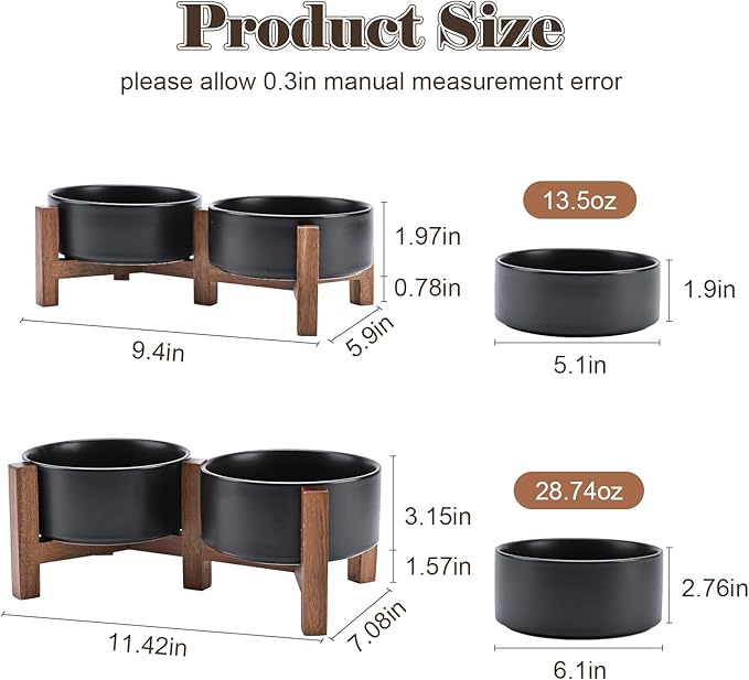 SPUNKYJUNKY Ceramic Dog Bowls with Acacia Wood Stand - Raised Dog Food and Water Bowl Set for Small Dogs (13.52 OZ, Black)