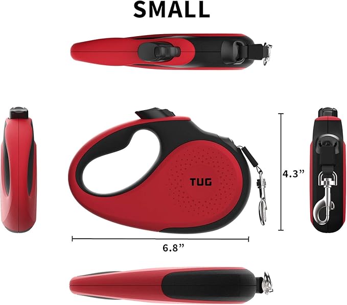 TUG 360° Tangle-Free Retractable Dog Leash with Anti-Slip Handle | 16 ft Strong Nylon Tape | One-Handed Brake, Pause, Lock (Small, Red)