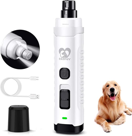 Casfuy Dog Nail Grinder with 2 LED Light for Large Medium Small Dogs - 3X More Powerful 2-Speed Electric Pet Nail Trimmer Rechargeable Quiet Painless Paws Grooming & Smoothing Tool (White)