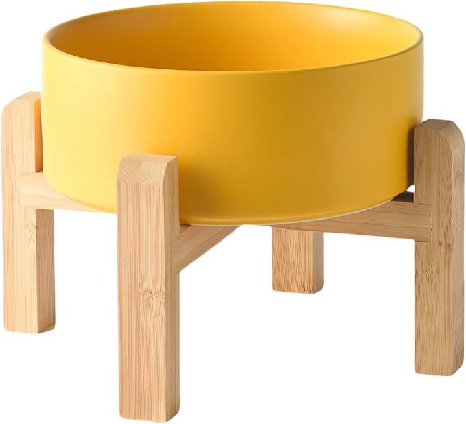 8'' Ceramic Raised Dog Bowl - 70Oz Dog Food & Water Bowl with Elevated Non-Slip Bamboo Stand, Dishwasher & Microwave Safe, Anti Vomiting Heavy Duty Pet Bowl for Medium and Large Dogs, Yellow