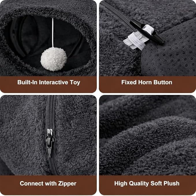 R1M Cat Tunnel Bed for Indoor Cats, Cute Cat Donut Tunnel Toys for Small, Larger Cats with Two Fish Cat Toys, Round Pet Peekaboo Cave Toy for Kitten, Dark Grey