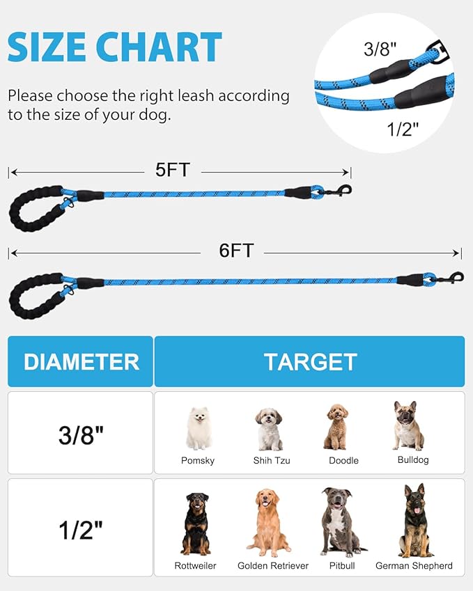 Joytale Dog Leash for Large Dogs, Heavy Duty Nylon Leashes with Comfortable Padded Handle and Highly Reflective Threads, Ideal for Walking and Training, SkyBlue, 5'횞1/2''