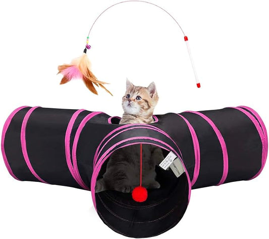 Tempcore Pet Tube Toys 3 Way Collapsible, Cat Tunnels for Indoor Cats，Kitty Bored Pet Toys with Peek Hole & Ball Cat, Puppy, Kitty, Kitten, Rabbit, Rose Red