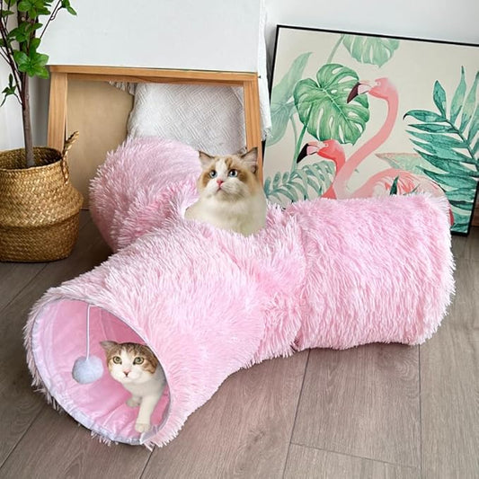Cat Tunnel Tube Toy Collapsible 3 Way Pink Plush, Pet Tunnels for Indoor Cats, Play Tubes with Hanging Ball Perfect for Kitten, Puppy, Rabbit, Interactive Toys for Fun Playtime & Exercise