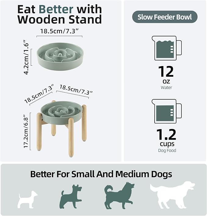 Ceramic 1.2 Cup Raised Slow Feeder Dog Bowl Set, Elevated Wooden Stand for Medium and Small Dog, 7.3inch Puzzle Slow Dish, Preventing Choking(Light Green, Single Bowl+ Stand)