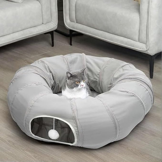 AUOON Cat Tunnel Bed for Indoor Cats - Large Cat Donut Tunnel with Hanging Ball Toy, Collapsible 2-in-1 Multifunctional Interactive Cat Toy for Kitten, Puppy, Rabbit, Ferret (Light Grey)