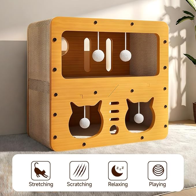 Cat Beds for Indoor Cats，Wooden Cat Scratcher House & Cardboard Condos，Covered Bedsure Kitten Bed Cave Furniture，Cute Playhouse Box，Small Size，for Cats Under 8 lbs