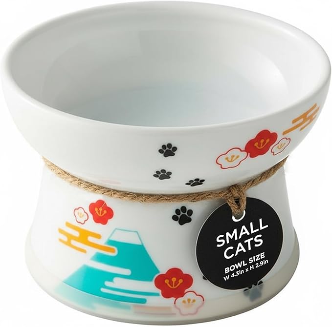 Necoichi Raised Cat Food Bowl – Ceramic Elevated Cat Bowl for Whisker & Neck Fatigue, Dishwasher Microwave Safe – Non-Slip & Anti Vomiting Ergonomic Design (Fuji, Regular, 1-Cup Capacity)