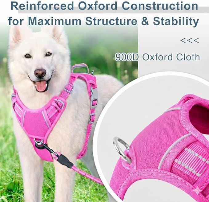 BARKBAY Dog Harness No Pull Oxford with ID Tag Pocket - Heavy Duty, Reflective, Easy Control for Large Dogs(Pink Oxford,XL)