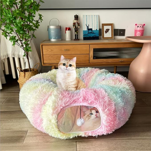 Cat Bed Tunnel Tube Toy Rainbow Plush Round, Collapsible Pet Tunnels for Indoor Cats, Interactive Toys Play Tubes with Hanging Ball for Kitty, Puppy, Rabbit for Fun Playtime & Exercise