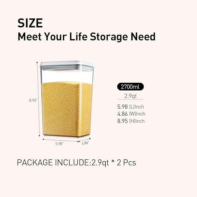 Food Storage Containers with Lids,2.9Qt 2Pcs Airtight Pop Food Storage Containers, BPA-Free Stackable Kitchen Pantry Organizers and Storage, One Button Opening Flour and Sugar Container Sets