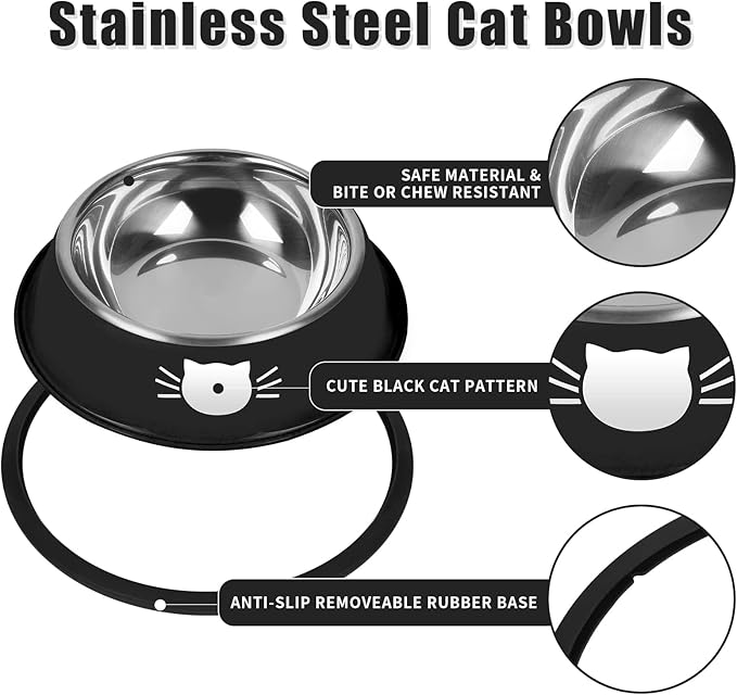 2 Pcs Non-Slip Stainless Steel Small Cat Food Bowls - Unbreakable, Thicken 13 Oz Cat Dishes - Indoor, Removable Rubber Base, Easily Clean, Lovely Color