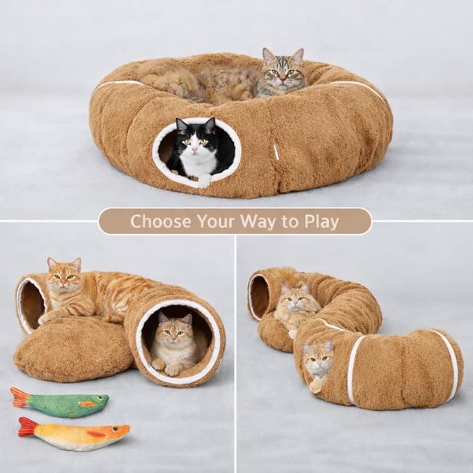R1M Cat Tunnel Bed for Indoor Cats, Cute Cat Donut Tunnel Toys for Small, Larger Cats with Two Fish Cat Toys, Round Pet Peekaboo Cave Toy for Kitten, Brown
