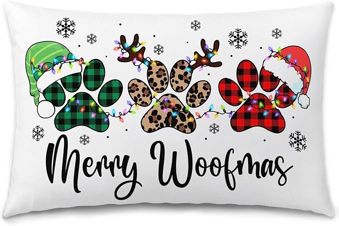 Dog Christmas Pillow Covers 20x12, Plaid Leopard Dog Paw Print Xmas Decorative Covers for Couch, Living Room Bedroom Decor