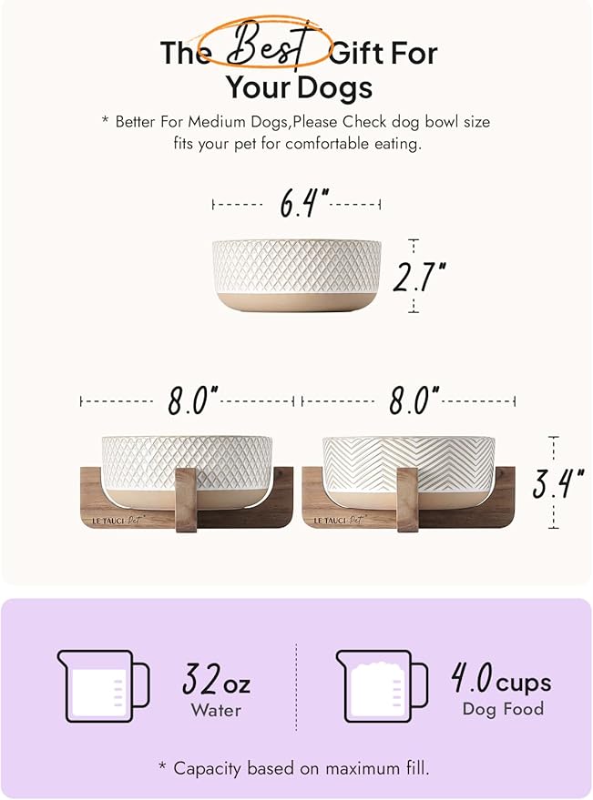 LE TAUCI PET Ceramic Dog Bowl Set, 4 Cups Food and Water Bowl for Medium Small Dogs, Cute Pet Dishes with Wood Stand, Rhombus+Wave Design (Set of 2)
