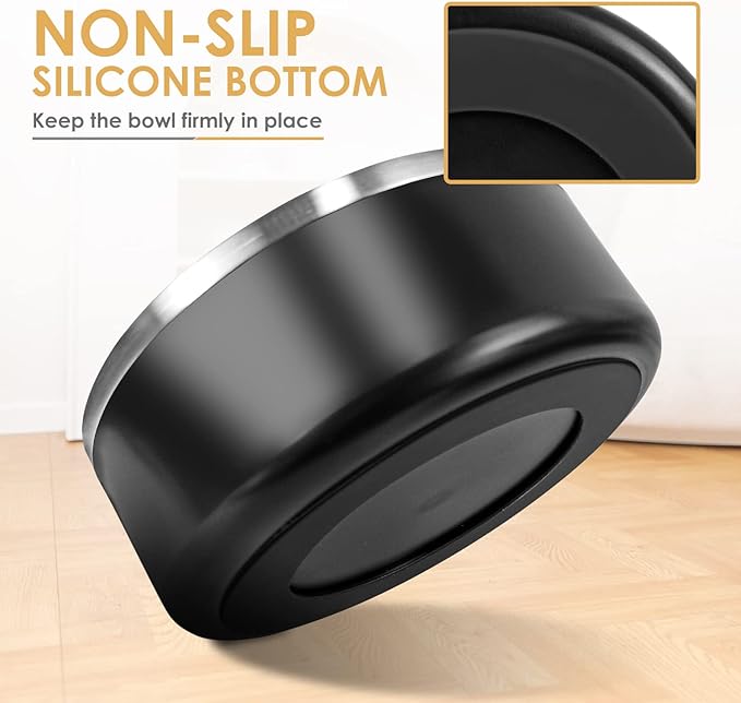 IKITCHEN Dog Bowl for Food and Water, 64 Oz Stainless Steel Pet Feeding Bowl, Durable Non-Skid Double Wall Insulated Heavy Duty with Rubber Bottom for Medium Large Sized Dogs (64 Ounces/8 Cup, Black)