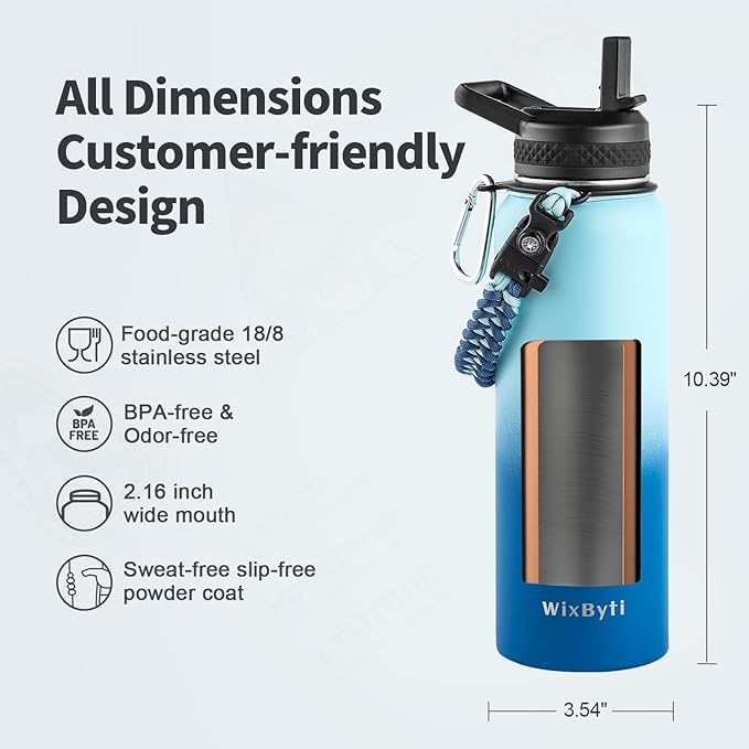 40 oz Insulated Water Bottle with Straw (Cold for 48 Hrs), Stainless Steel Triple Wall Vacuum Sports Water Jug, Leakproof Hydro Cup Flask with Paracord Handle & Straw Spout Lids & DIY Stickers