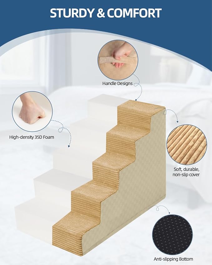 Vfrog Dog Stairs for Small Dogs,22" H,5-Step Dog Steps Ramp for Bed and Couch with High Density Foam,Non-Slip Pet Steps for Dogs and Cats,Pet Stairs with a Washable Cover,Khaki