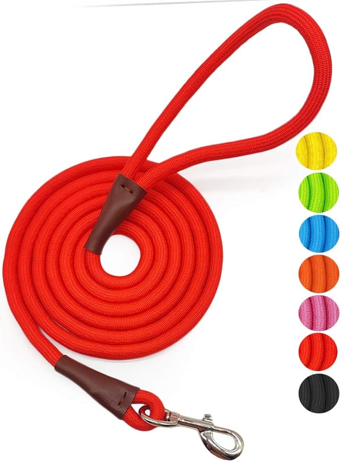MayPaw 4/6 /8/10 FT Dog Leash, Classic Solid Colors, Strong Nylon Rope Dog Leash Reinforced with Leather Tailor Connection Heavy Duty Silver Clasp (red, 10ft*1/2")