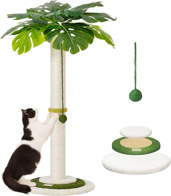 Meowoou Cat Scratching Post for Space-Saving,35” Tall Modern Monstera 3 Layer Cat Tree Tower with Sisal Rope Hanging Interactive Ball for Indoor Cats and Kitten Climbing,Play & Rest