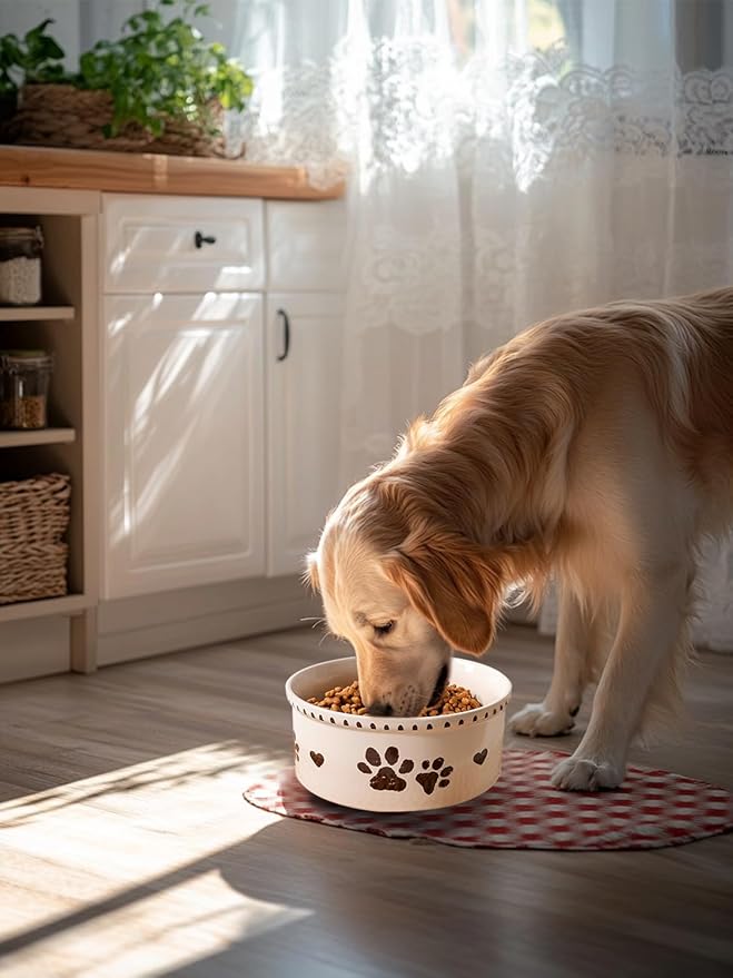 Ceramic Dog Bowl 55oz Heavy Duty Pet Food and Water Bowl for Medium Large Dogs Non Slip Weighted Dog Dish with Paw Print and Heart Design Easy to Clean