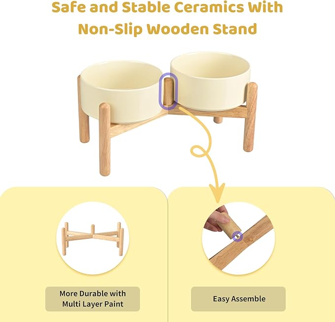 SPUNKYJUNKY Ceramics Elevated Dog Bowls with Wooden Stand - Raised Double 60OZ Cream White Bowls for Medium Large Dogs