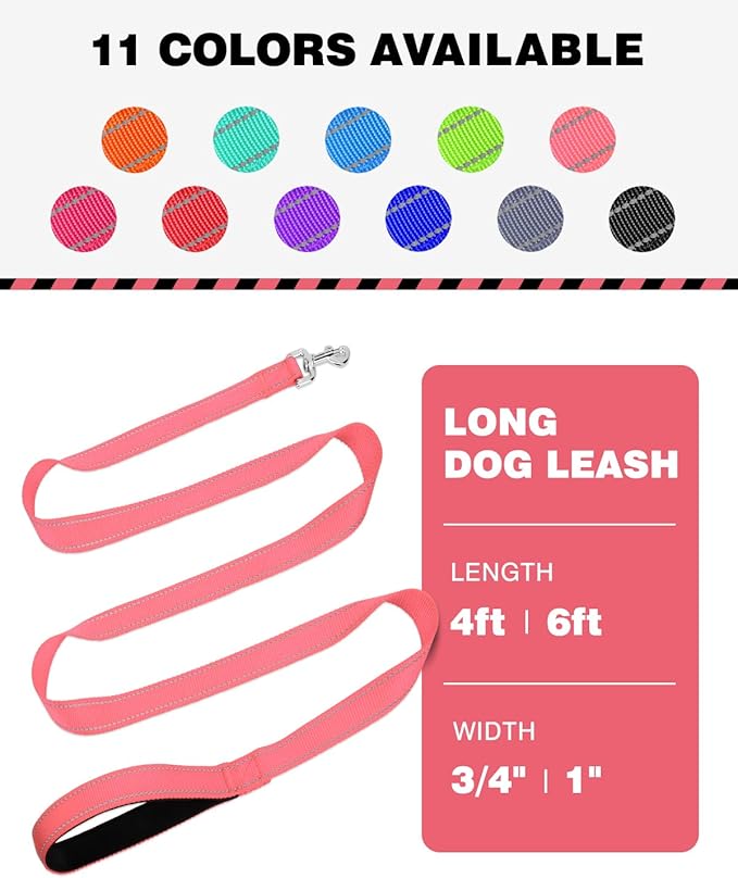 Reflective Dog Leash 6ft Soft Padded Handle Nylon Lead for Medium & Large Dogs, Durable Walking Training Leash for Night Safety (Neon Pink,1Inch Wide)