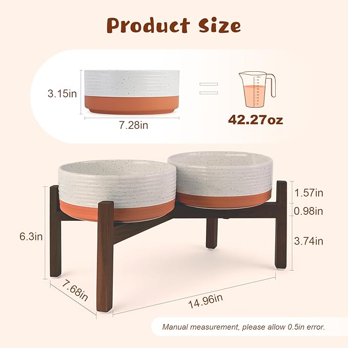 SPUNKYJUNKY Ceramic Elevated Dog Bowl Set with Acacia Wood Stand for Food and Water for Medium Dog (42.27 OZ, White and Reddish Brown)
