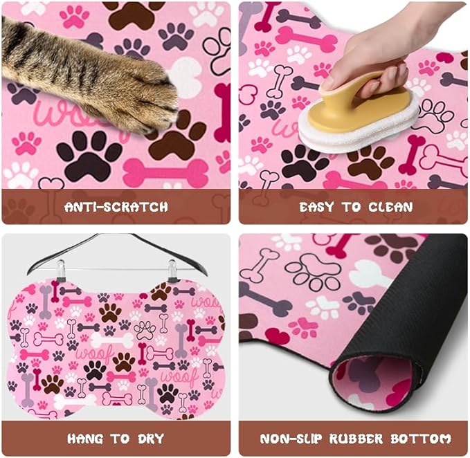 Dog Food Mats for Floors Waterproof, Pet Feeding Absorbent Water Bowl Mat Cat Placemats Pink Bone Shape 19 * 12 inch