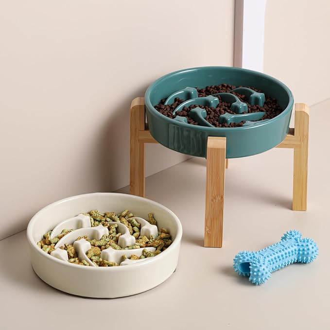 8.26 in Deep Green Dog Bowl Slow Feeder Ceramic for Medium and Large Breed,Elevated/Raised Slow Feeding Dog Food Water Dish Heavy Weighted,Puppy Dish for Fast Eaters,Puzzle Eating Bowl Meteor